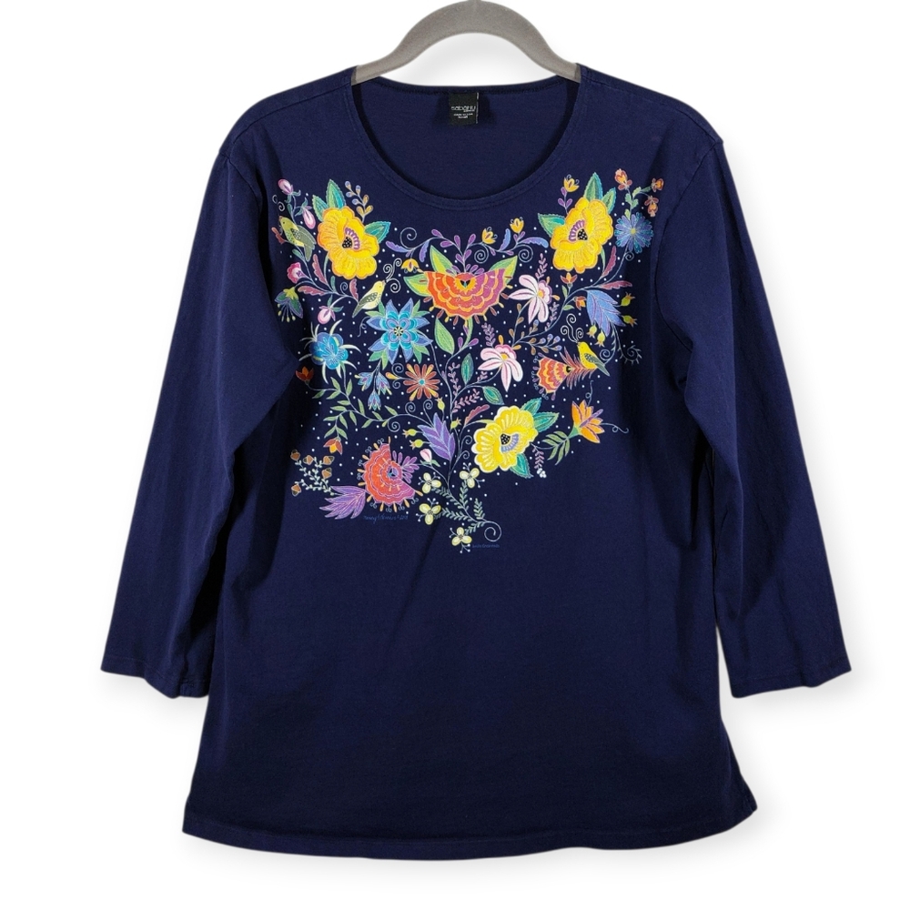 Sabaku Artwear Jardin Encantado Bird Floral Blue Top Women's Small 3/4 Sleeves
